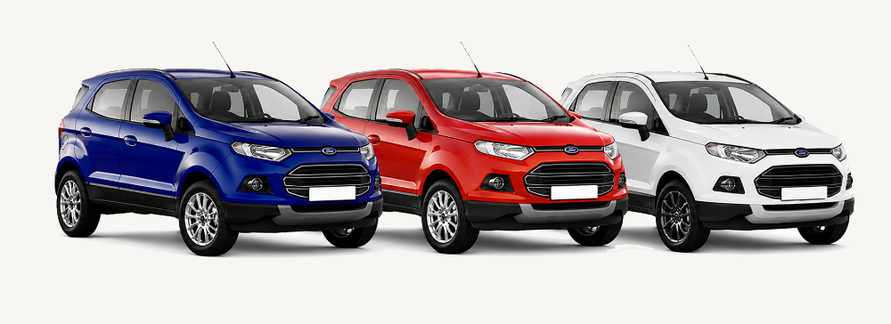 A blue Ford EcoSport parked in an outdoor car park