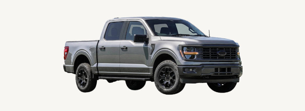 Side view of a black Ford F-150 parked in an outdoor area.