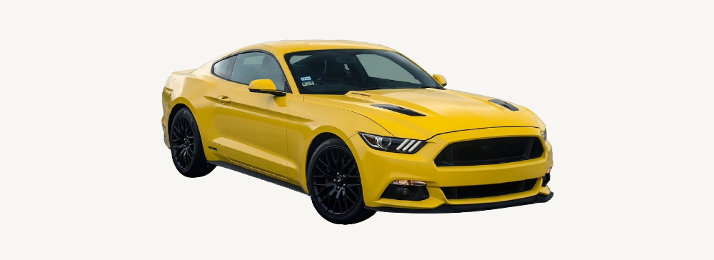 An image of a Ford Mustang boot liner, with a red Ford Mustang under the mat.