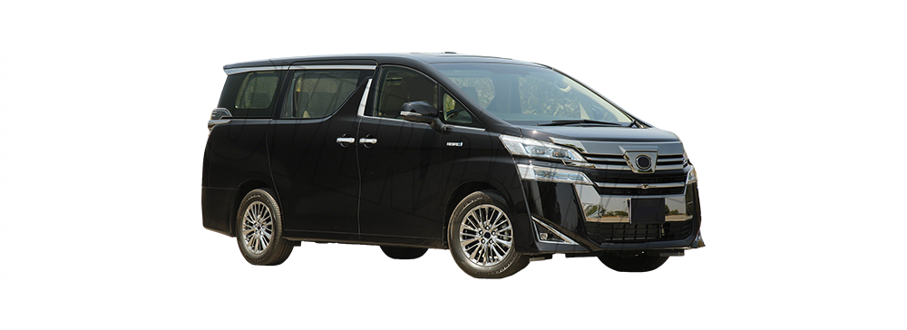 A black Toyota Vellfire parked in an indoor car park.