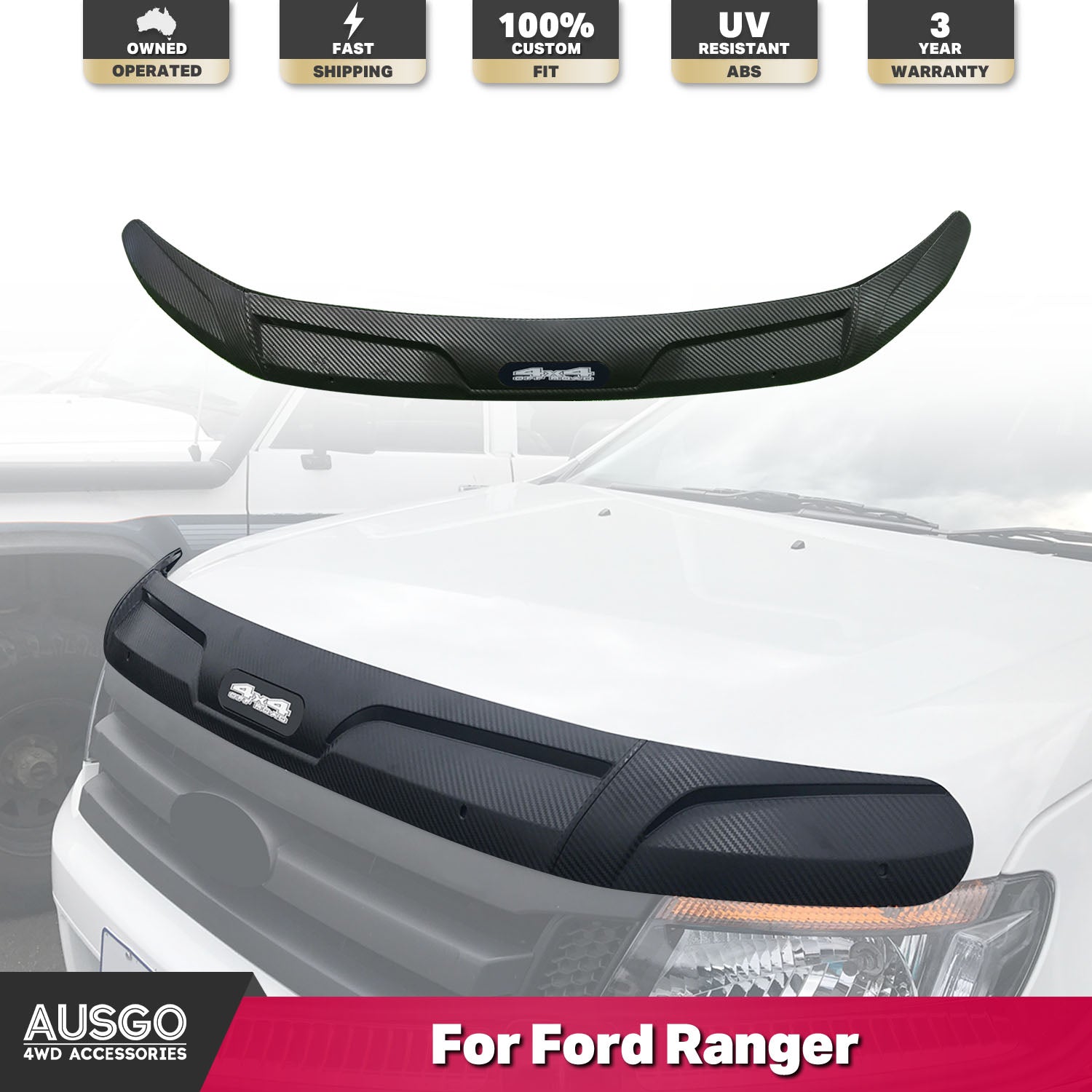 A bonnet protector attached to a white Ford Ranger. Image of the bonnet protector superimposed on the car.