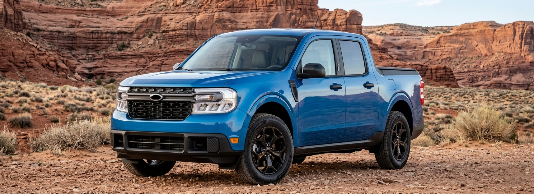 A front view of a Ford Ranger parked in an outdoor car park