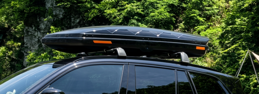 Canoes tied to roof racks on top of an SUV with trees in the background