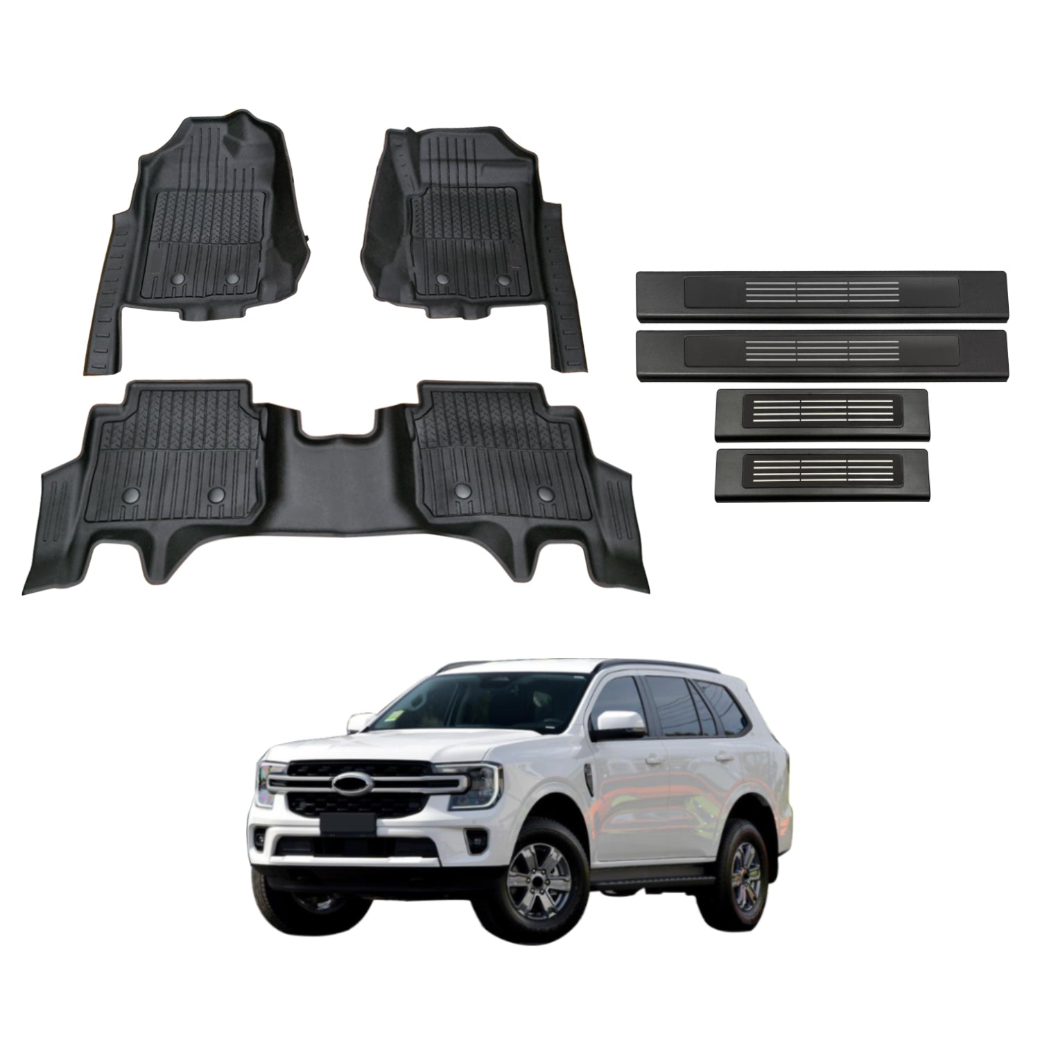 7D Injection Floor Mats + Black Door Sill Protector for Ford Everest Next-Gen 2022-Onwards
