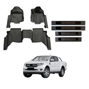 5D Injection Floor Mats + Black Door Sill Protector for Ford Ranger Dual Cab 2011-2022