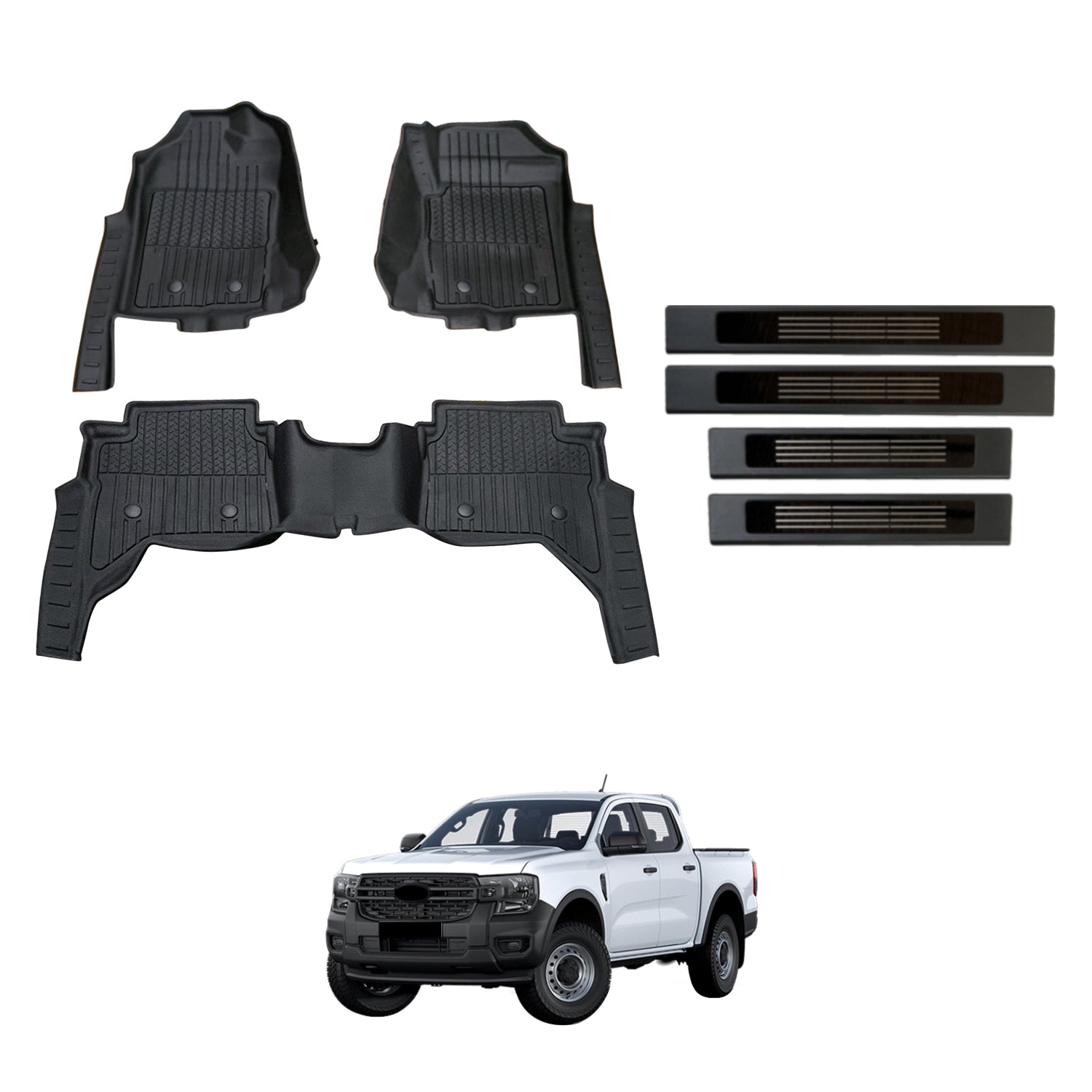 7D Injection Floor Mats + Black Door Sill Protector for Ford Ranger Next-Gen Dual Cab 2022-Onwards