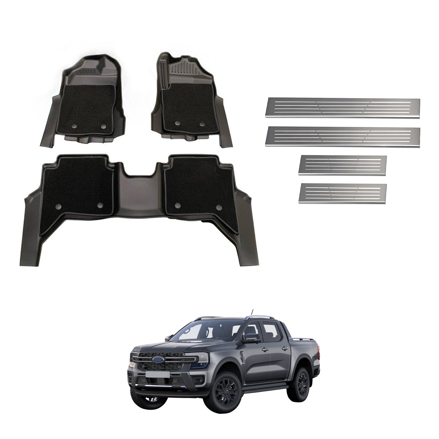 Double-Layer Car Floor Mats + Door Sill Protector for Ford Ranger Dual Cab Next-Gen 2022-Onwards