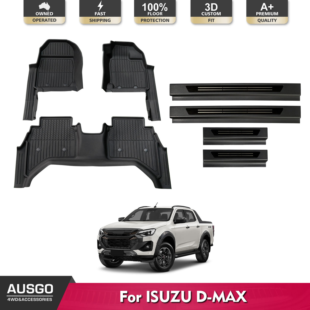 7D Injection Floor Mats + Black Door Sill Protector for ISUZU D-MAX DMAX Dual Cab 2020-Onwards