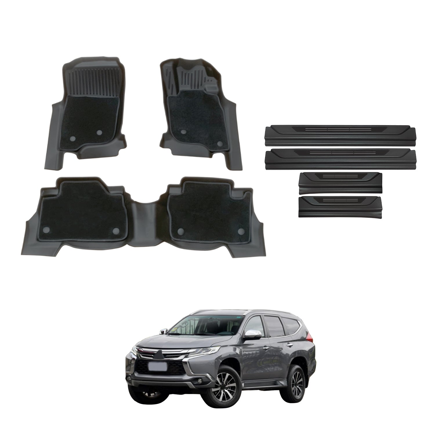 Double-Layer Car Floor Mats + Black Door Sill Protector for Mitsubishi Pajero Sport 2015-Onwards 5 & 7 Seats