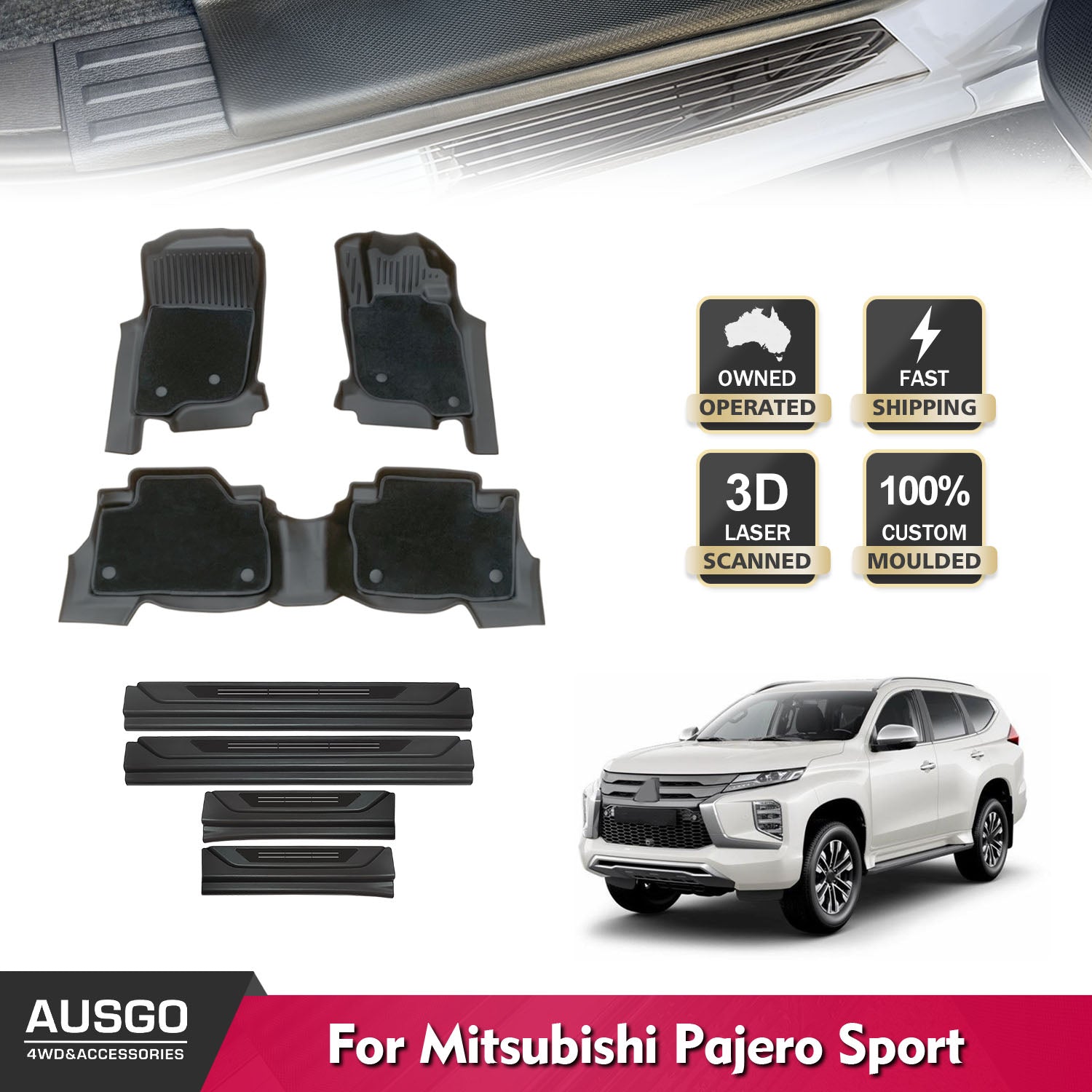 Double-Layer Car Floor Mats + Black Door Sill Protector for Mitsubishi Pajero Sport 2015-Onwards 5 & 7 Seats