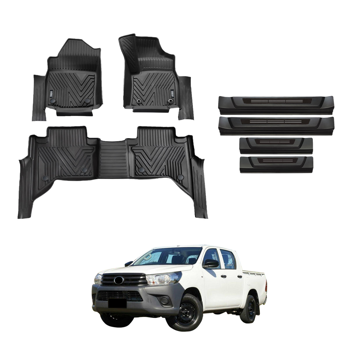 PRE-ORDER 5D Injection Floor Mats + Black Door Sill Protector for Toyota Hilux Auto Dual Cab 2015-Onwards