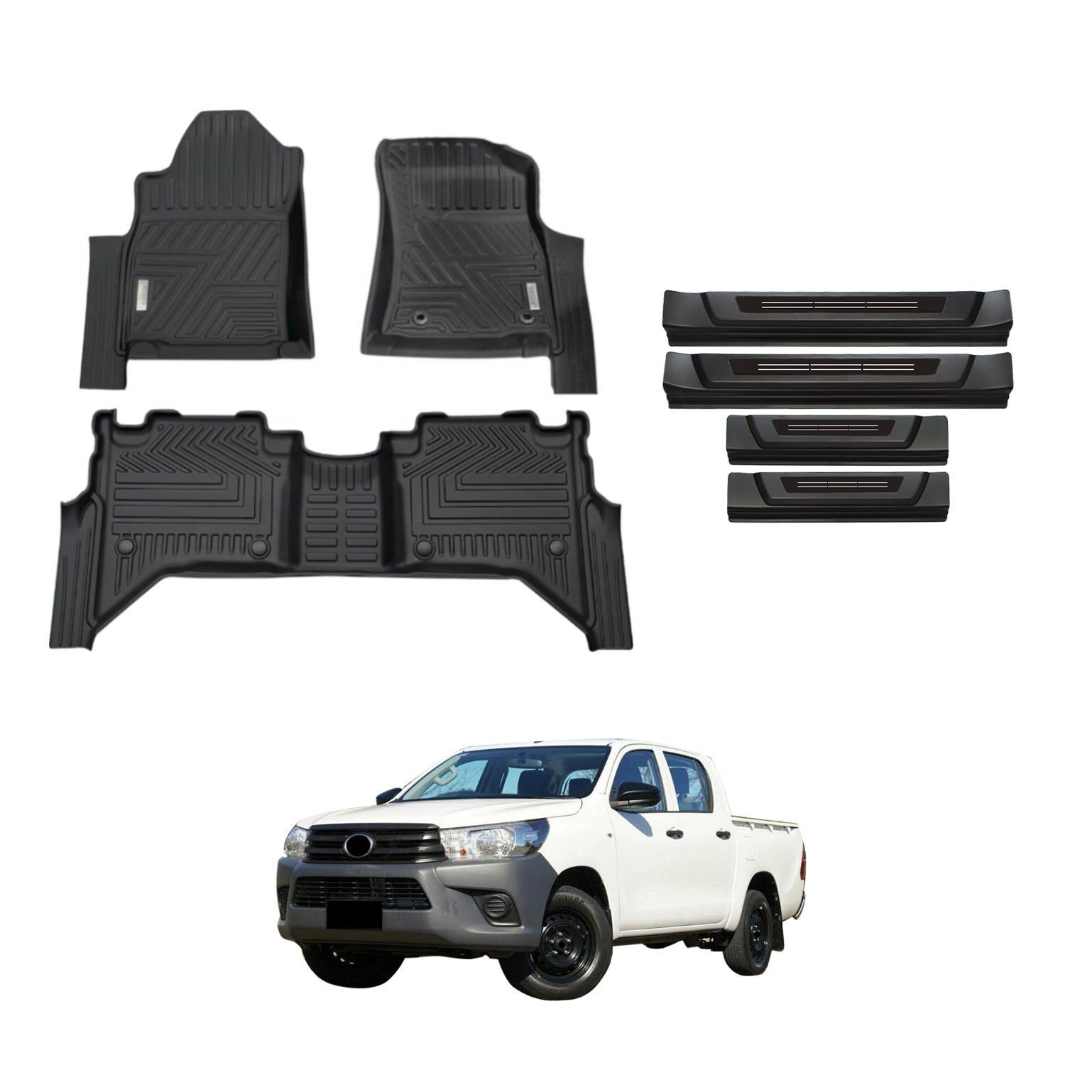 Car Floor Mats + Black Door Sill Protector for Toyota Hilux Dual Cab 2015-Onwards