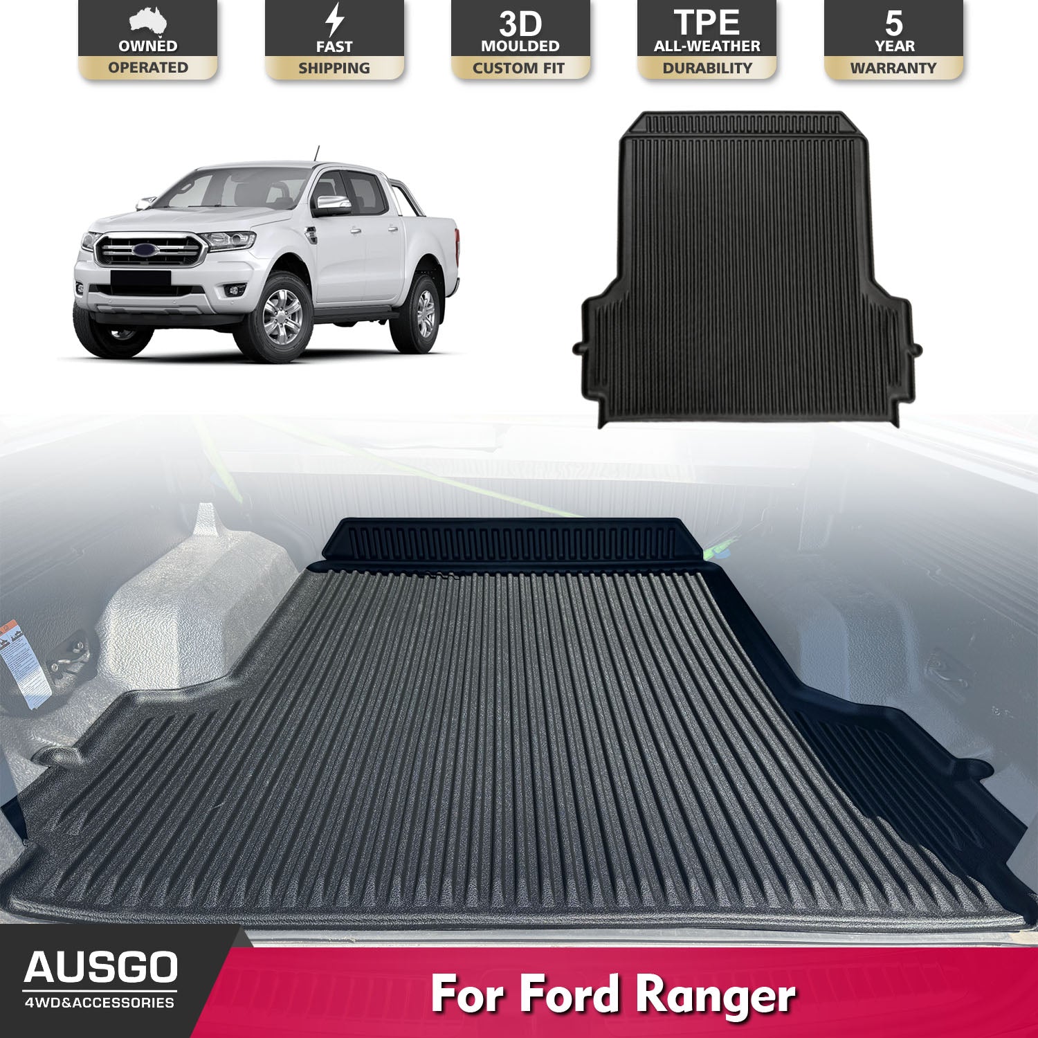 3D TPE Ute Mat for Ford Ranger Dual Cab 2011-2022 Fitted with Factory Plastic Tub Liner