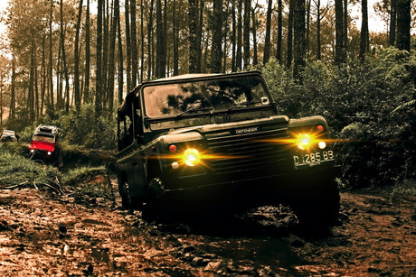 Off-road vehicles navigating a muddy forest trail, showcasing rugged 4WD adventure and exploration in a natural setting