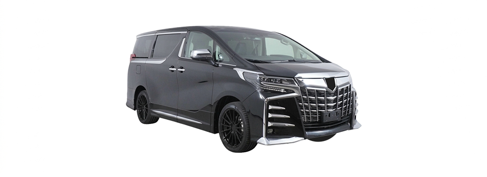 Black Toyota Alphard parked in an indoor car park. 