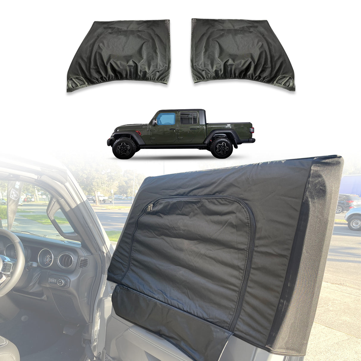 Front 2PCS Camping Window Sox Sun Shade with Storage Bag Sunshade for Jeep Gladiator 2020-Onwards