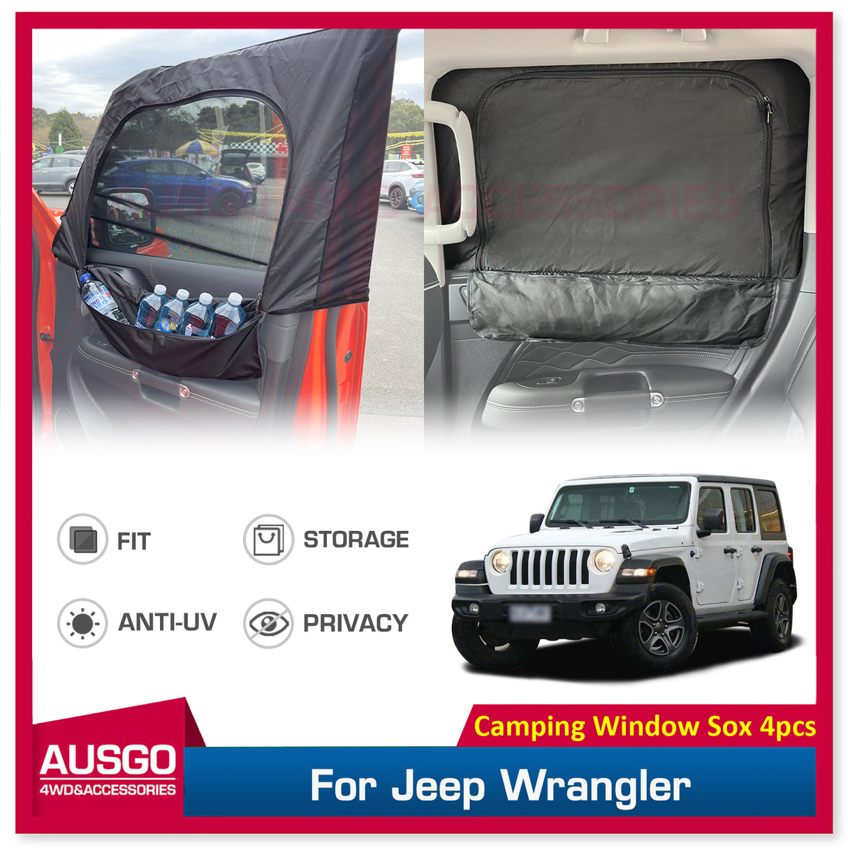 4PCS Camping Window Sox Sun Shade with Storage Bag Sunshade for Jeep Wrangler JL Series 2018-Onwards