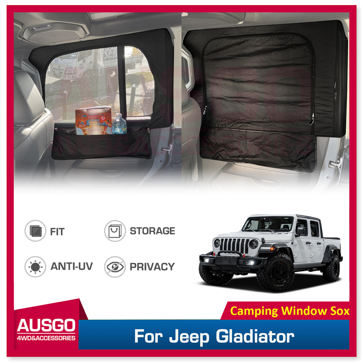 Rear 2PCS Camping Window Sox Sun Shade with Storage Bag Sunshade for Jeep Gladiator 2020-Onwards