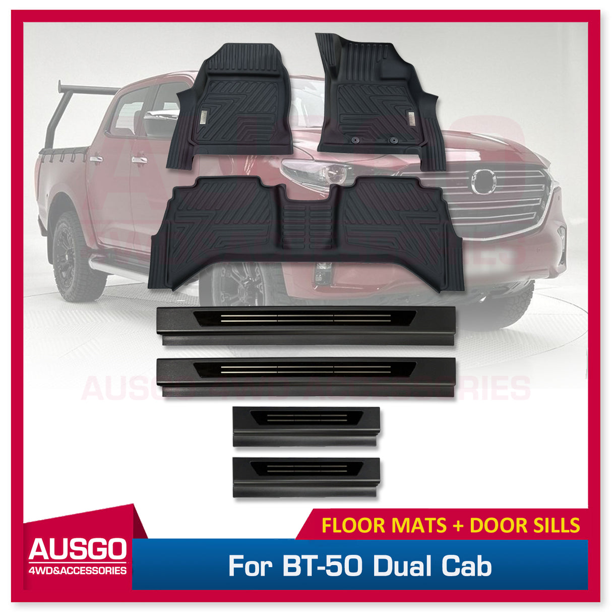 Car Floor Mats + Black Door Sills Protector for Mazda BT-50 BT50 Dual Cab 2020-Onwards