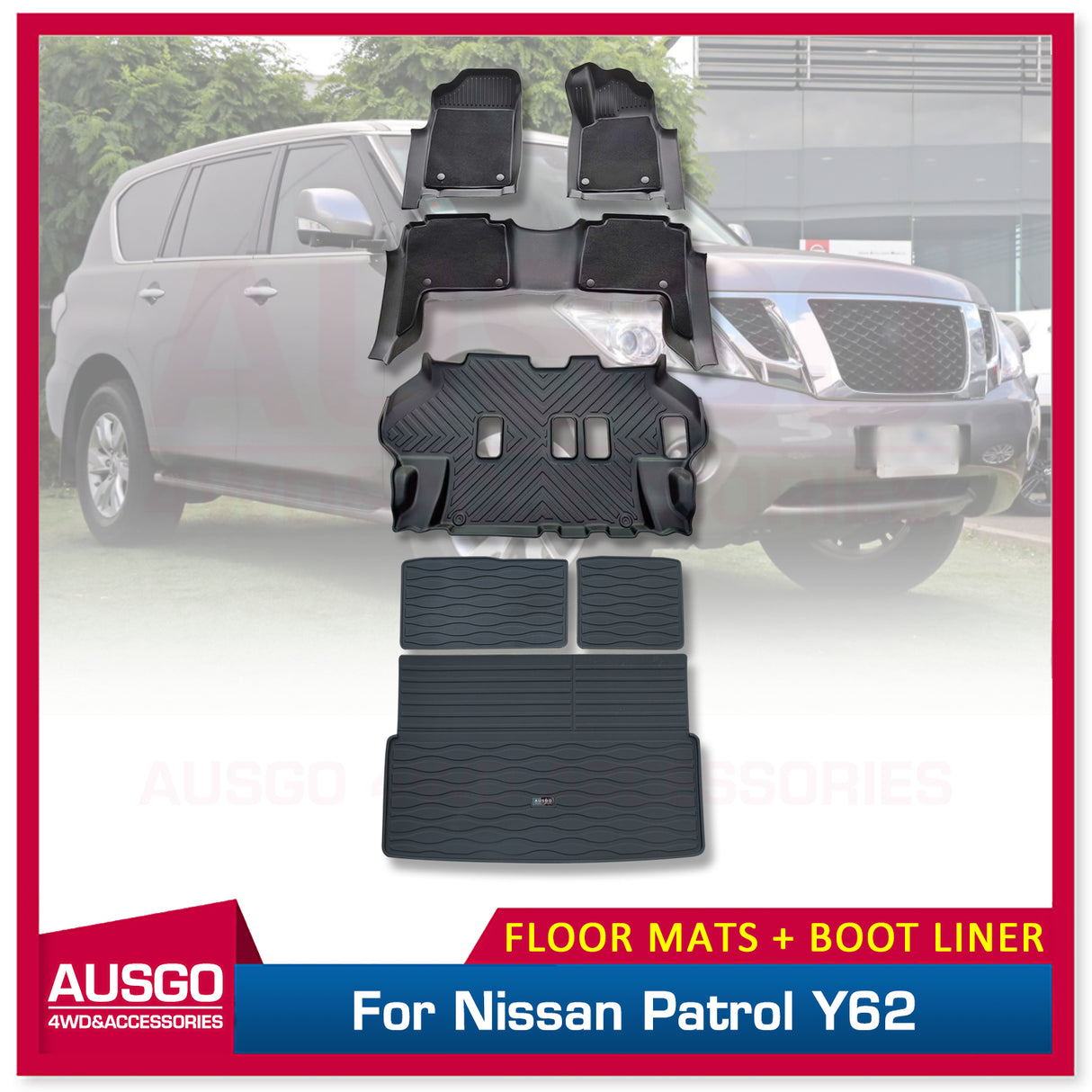 3 Rows TPE Floor Mats + Cargo Mat for Nissan Patrol Y62 2012-Onwards Door Sill Covered Car Mats with Detachable Carpet Boot Mat