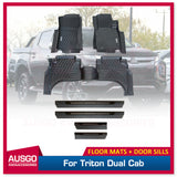 Car Floor Mats + Black Door Sill Protector for Mitsubishi Triton MQ MR Series Dual Cab 2015-2024