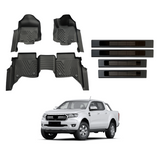 Car Floor Mats + Black Door Sill Protector for Ford Ranger Dual Cab 2011-2022