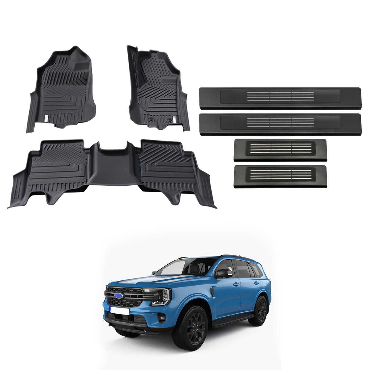 5D Moulded Floor Mats + Black Door Sill Protector for Ford Everest Next-Gen 2022-Onwards