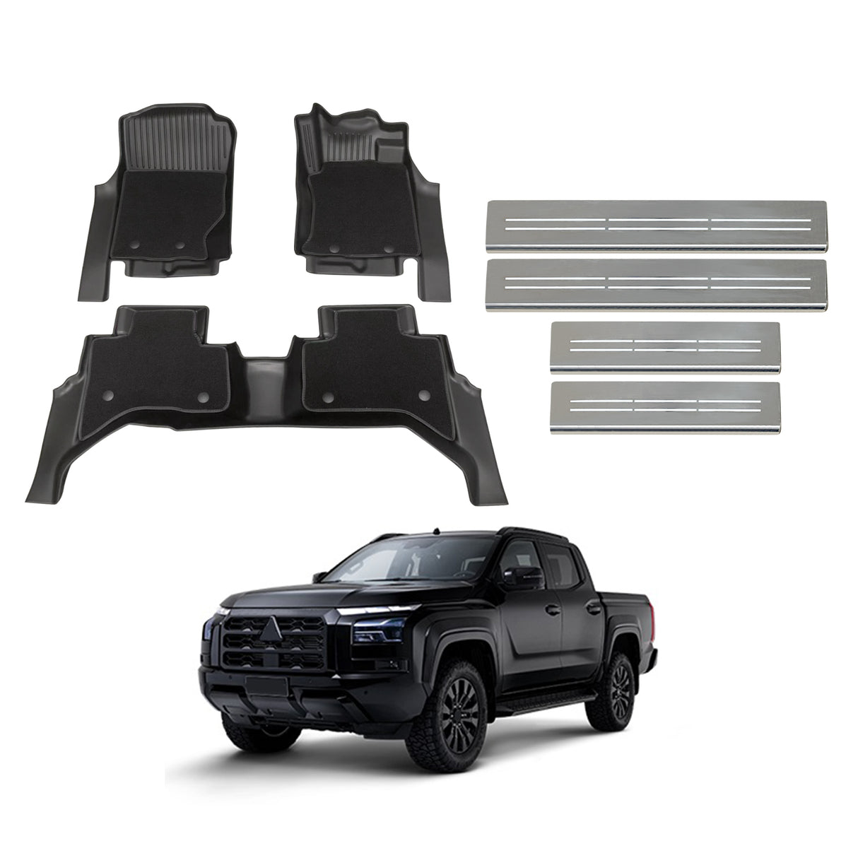 Double-Layer Car Floor Mats + Door Sill Protector for Mitsubishi Triton MV Next-Gen Dual Cab 2024-Onwards