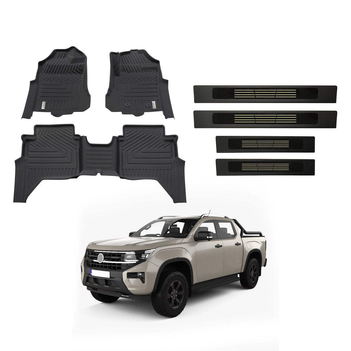 Floor Mats + Black Door Sill Protector for Volkswagen Amarok Next-Gen NF Dual Cab 2023-Onwards