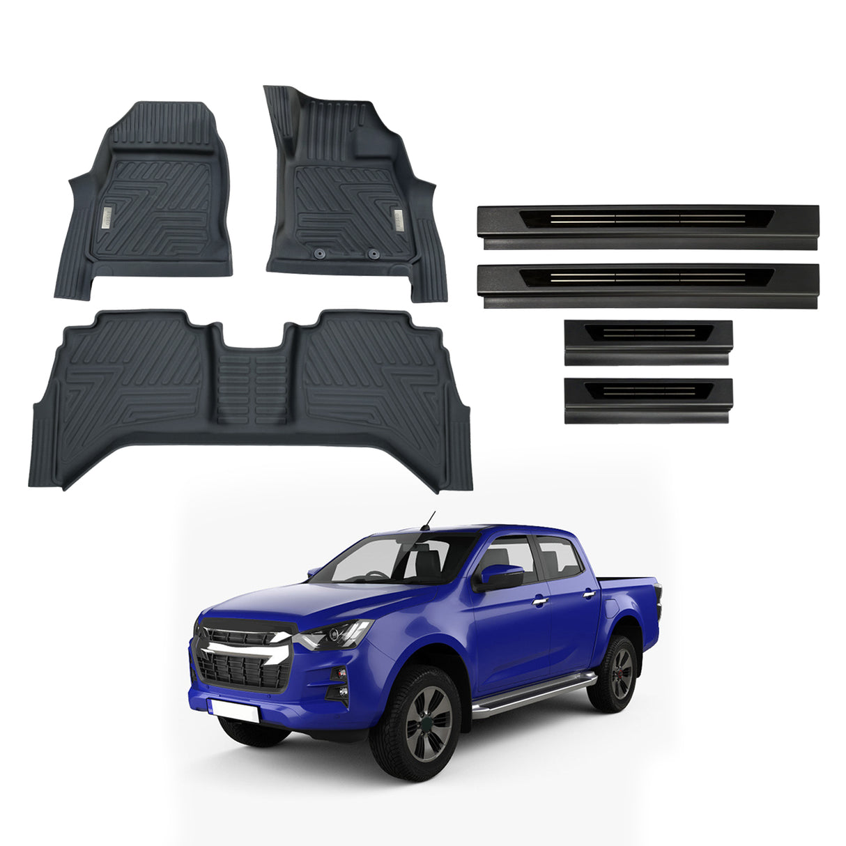 5D Moulded Floor Mats + Black Door Sill Protector for ISUZU D-MAX DMAX Dual Cab 2020-Onwards