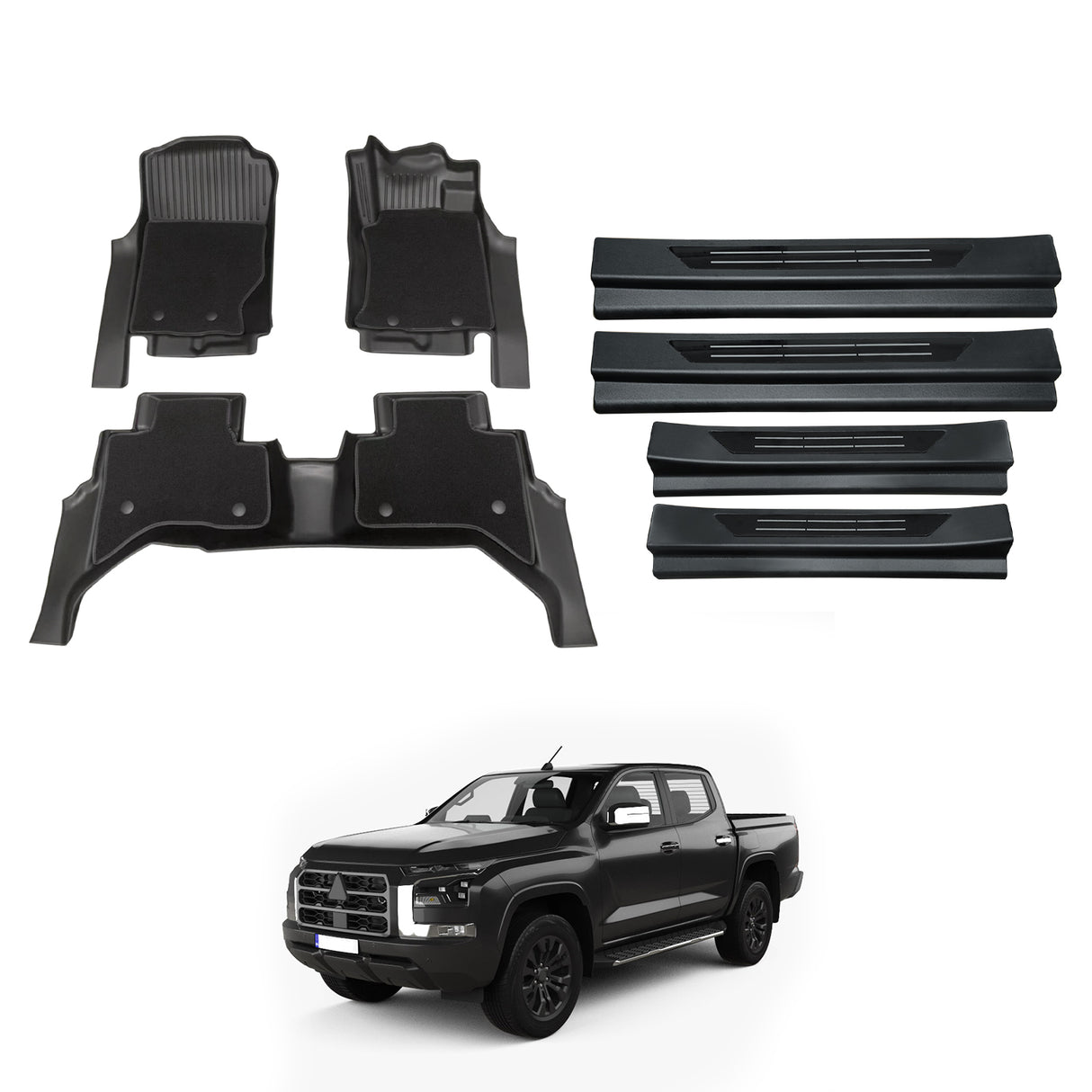 Double-Layer Car Floor Mats + Door Sill Protector for Mitsubishi Triton MV Next-Gen Dual Cab 2024-Onwards