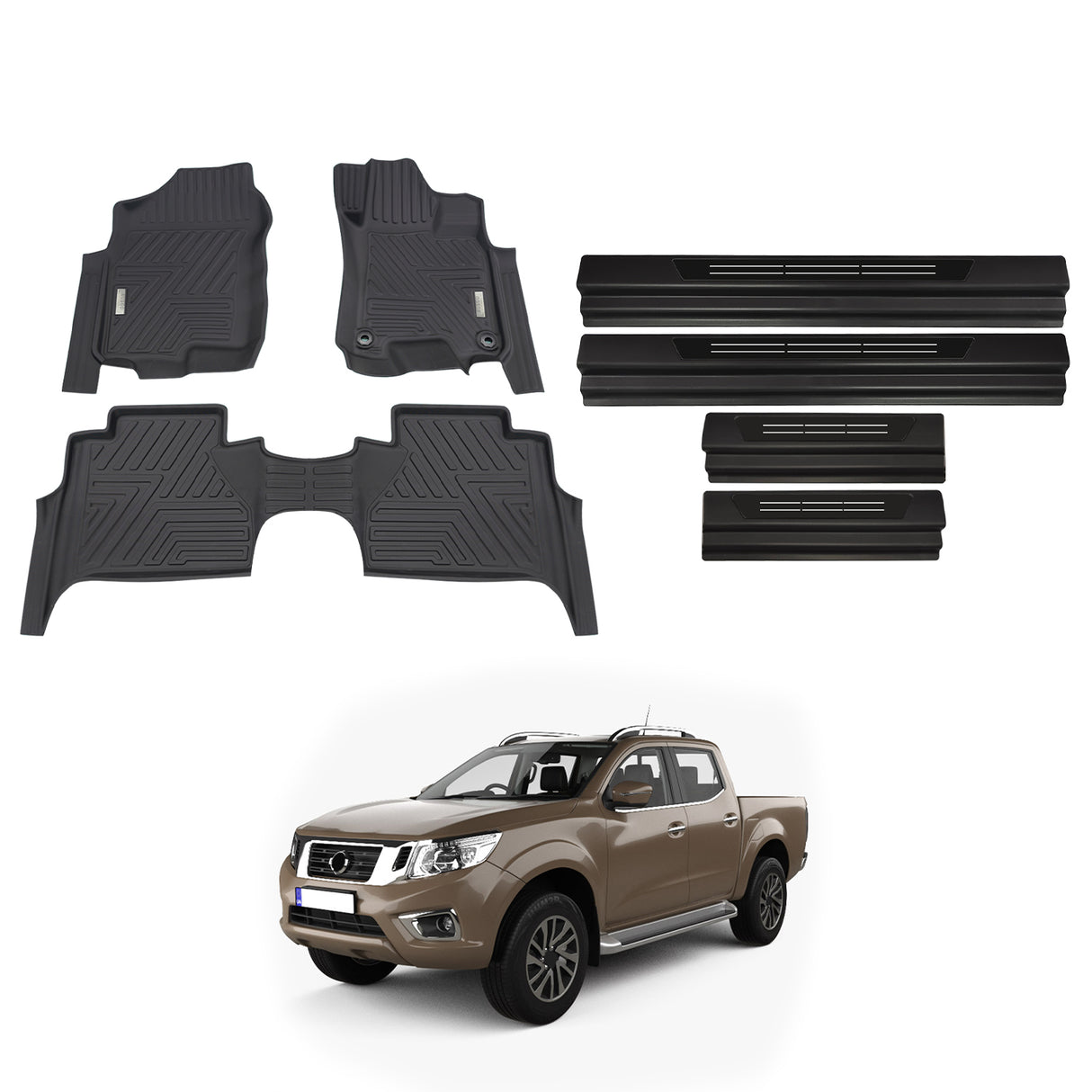 Car Floor Mats + Black Door Sill Protector for Nissan Navara NP300 D23 Dual Cab 2015-Onwards