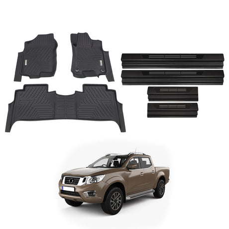 Car Floor Mats + Black Door Sill Protector for Nissan Navara NP300 D23 Dual Cab 2015-Onwards