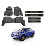 Car Floor Mats + Black Door Sill Protector for Ford Ranger Dual Cab 2011-2022