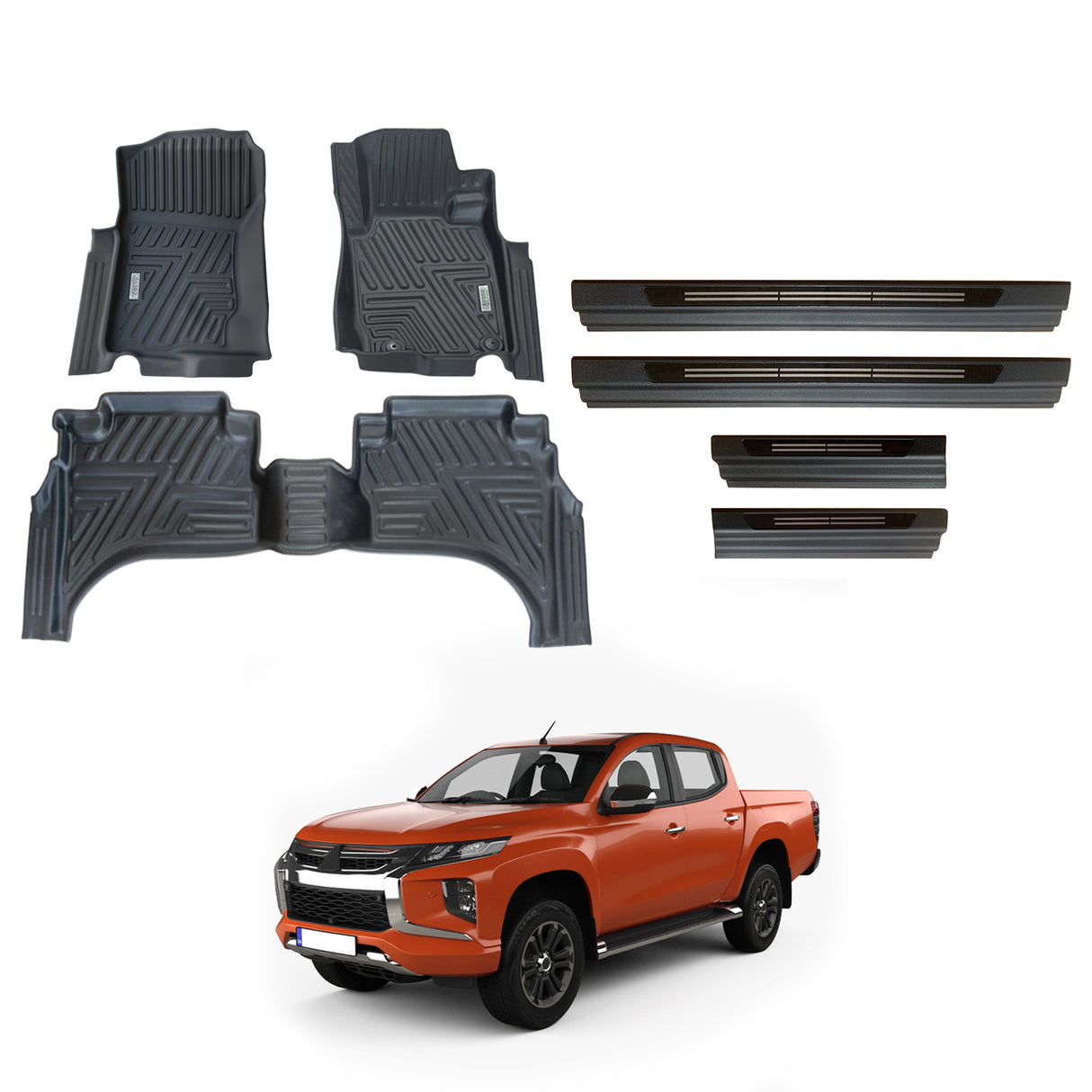 Car Floor Mats + Black Door Sill Protector for Mitsubishi Triton MQ MR Series Dual Cab 2015-2024