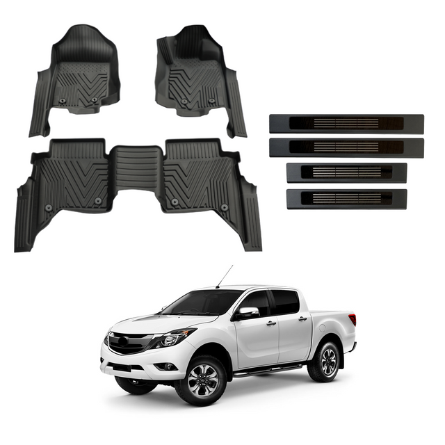 Car Floor Mats + Black Door Sills for Mazda BT-50 BT50 UP Series Dual Cab 2011-2020