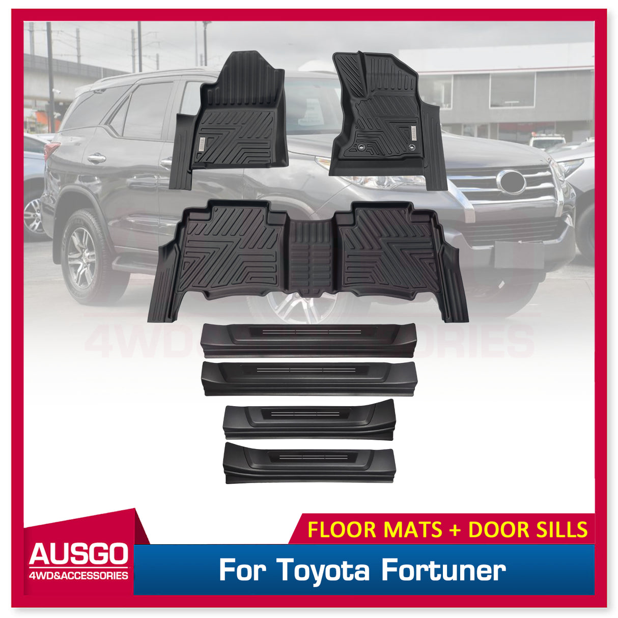 Car Floor Mats + Black Door Sill Protector for Toyota Fortuner Auto Transmission 2015-Onwards