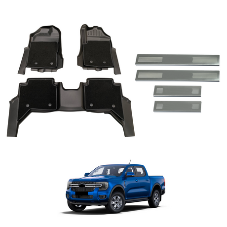 Double-Layer Car Floor Mats + Door Sill Protector for Ford Ranger Dual Cab Next-Gen 2022-Onwards