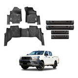 Car Floor Mats + Black Door Sill Protector for Toyota Hilux Auto Transmission Dual Cab 2015-2024