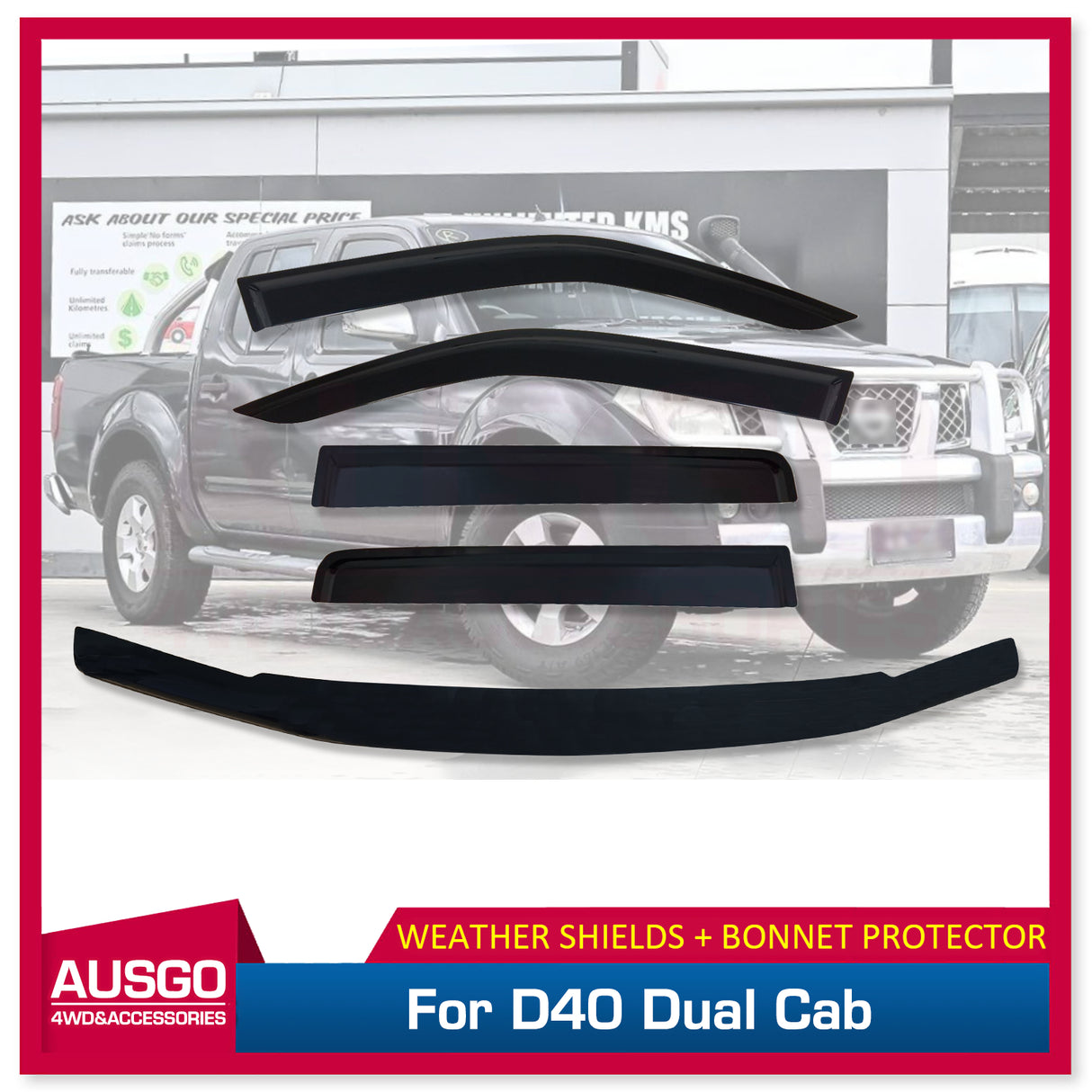 Weather Shields + Bonnet Protector for Nissan Navara D40 Spanish Dual Cab 2005-2010