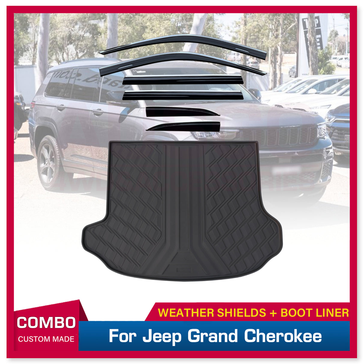 6PCS Injection Stainless Steel Weather Shields + Cargo Mat for Jeep Grand Cherokee WL Series 5 Seats 2021-Onwards Weathershields Window Visors Boot Mat Boot Liner
