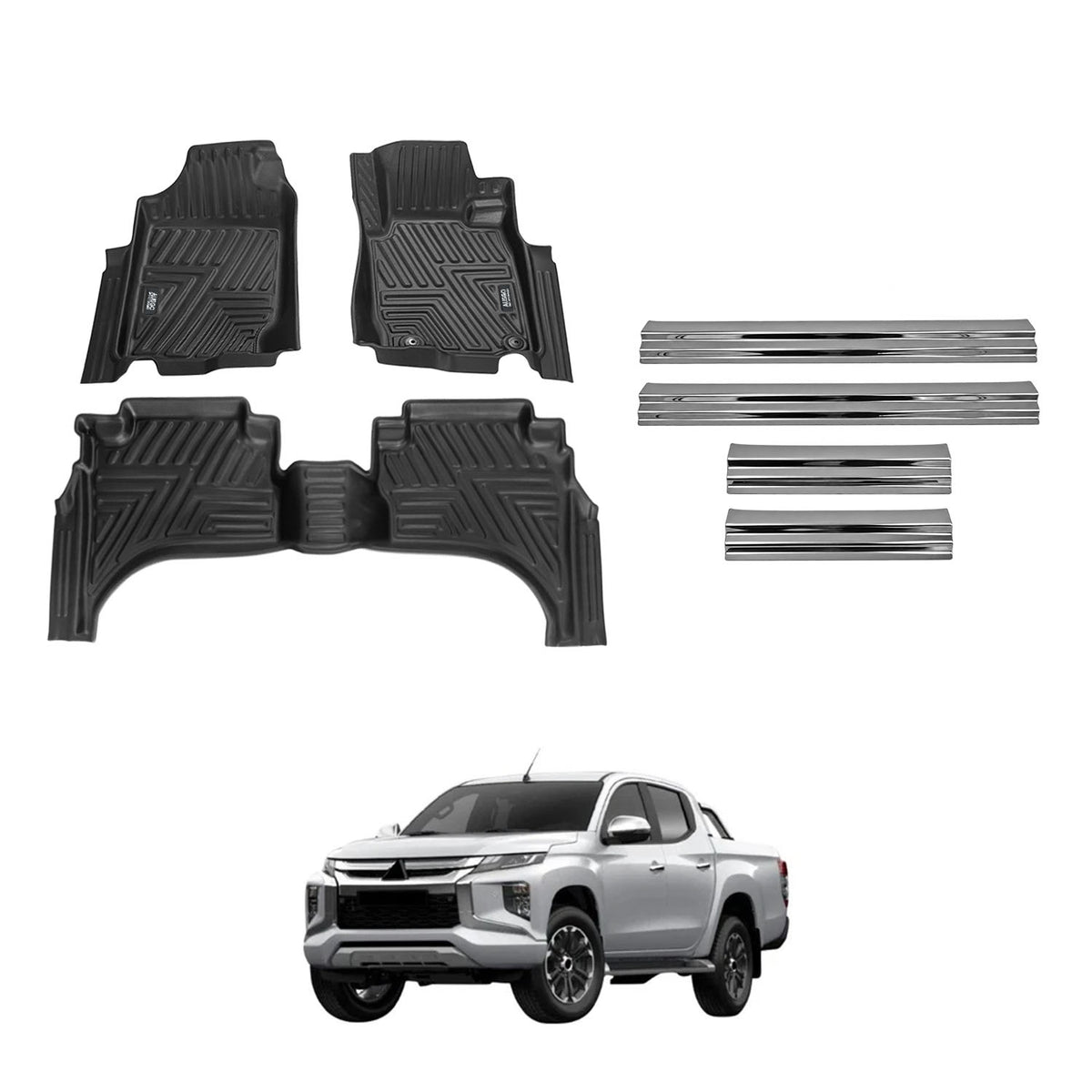 Car Floor Mats + Black Door Sill Protector for Mitsubishi Triton MQ MR Series Dual Cab 2015-2024