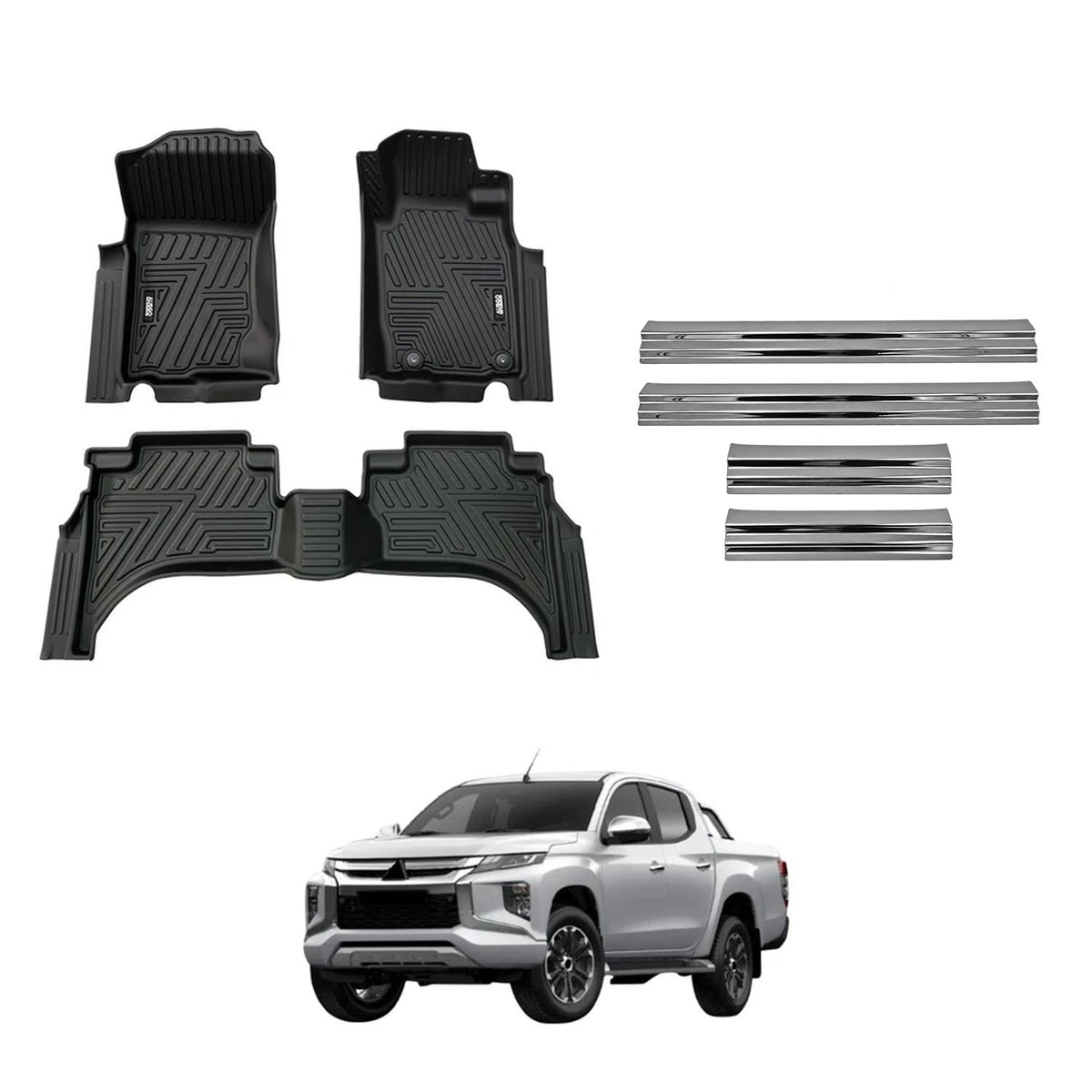 Car Floor Mats + Black Door Sill Protector for Mitsubishi Triton MQ MR Series Dual Cab 2015-2024