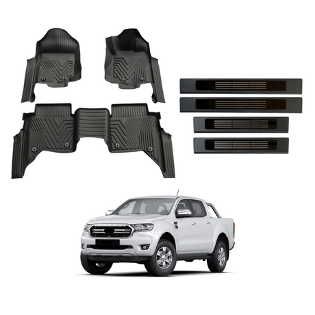 Car Floor Mats + Black Door Sill Protector for Ford Ranger Dual Cab 2011-2022