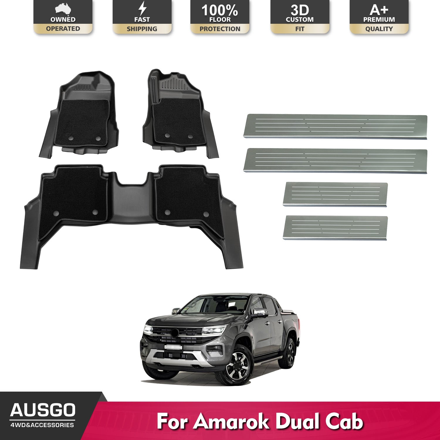 Double-Layer Car Floor Mats + Door Sill Protector for Volkswagen Amarok Next-Gen NF Dual Cab 2023-Onwards