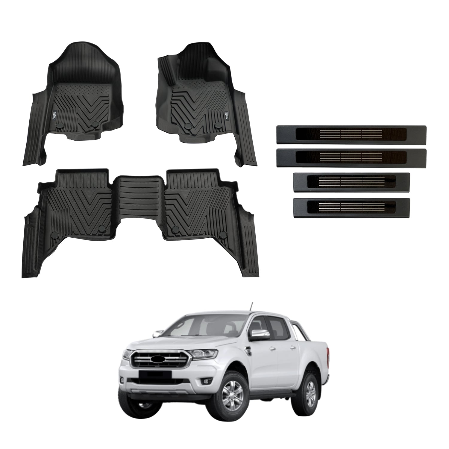 5D Injection Floor Mats + Door Sill Protector for Ford Ranger Dual Cab 2011-2022