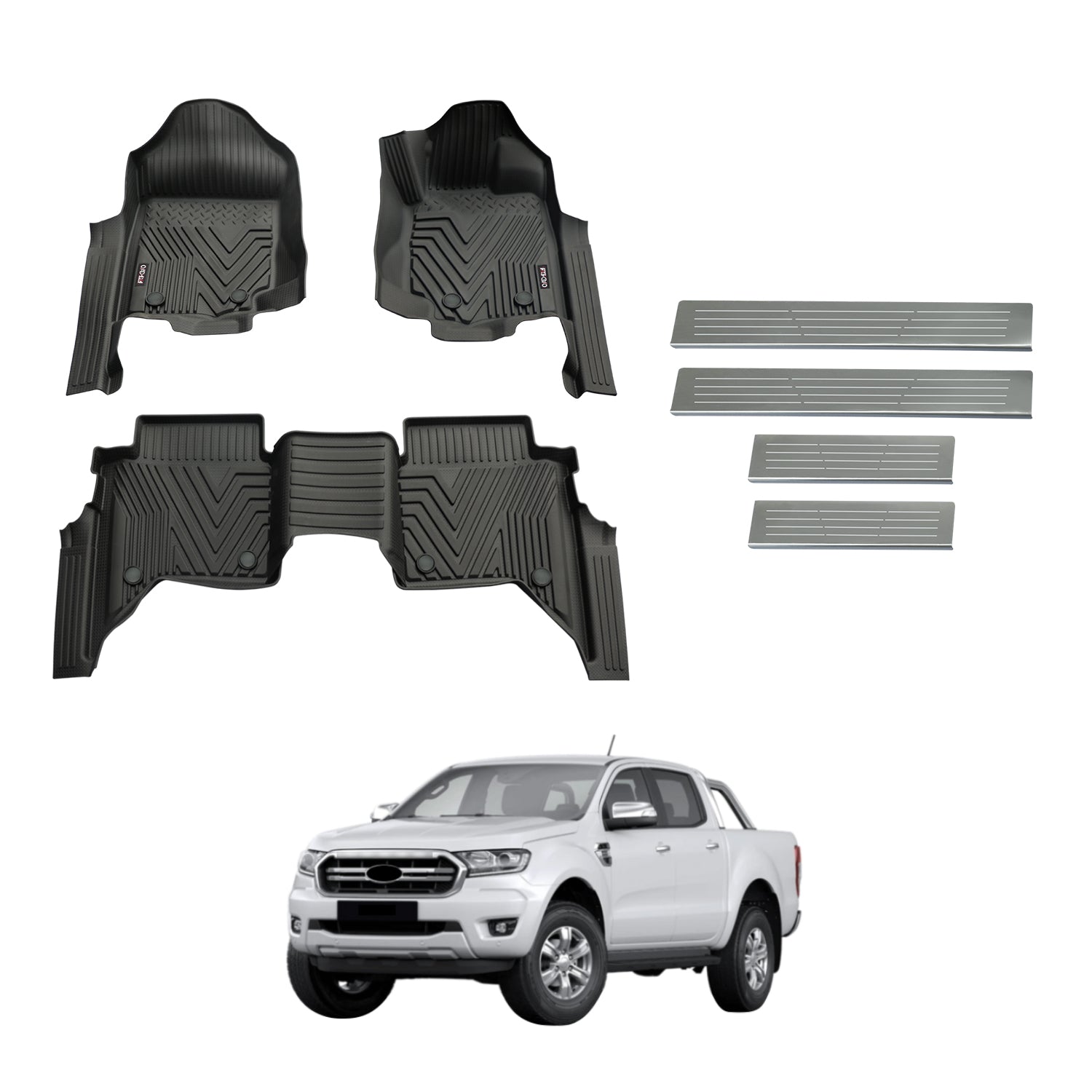 5D Injection Floor Mats + Door Sill Protector for Ford Ranger Dual Cab 2011-2022