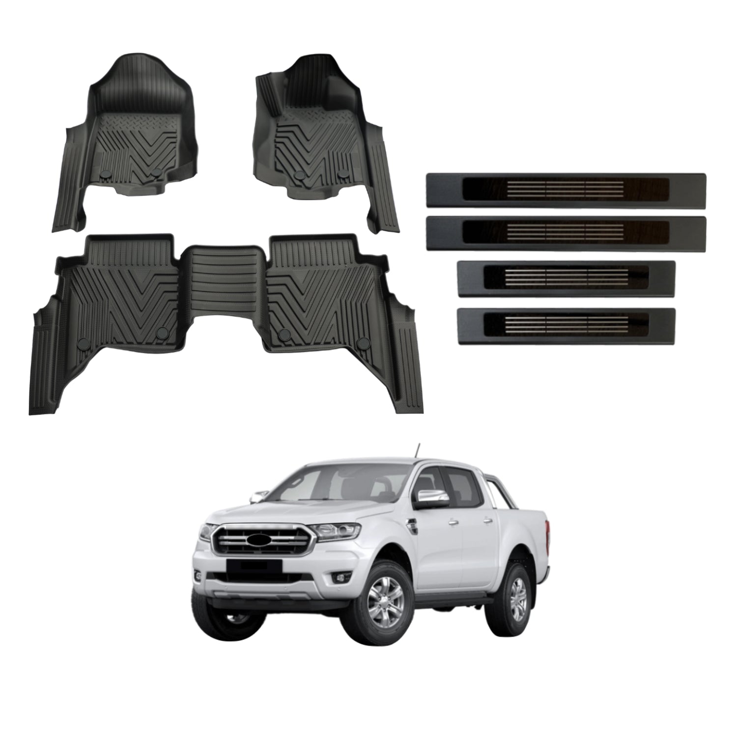 5D Injection Floor Mats + Black Door Sill Protector for Ford Ranger Dual Cab 2011-2022