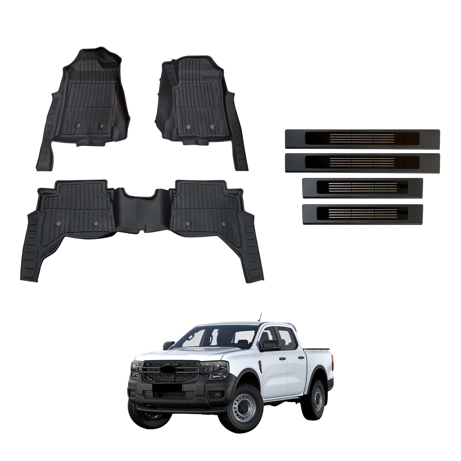 7D Injection Floor Mats + Black Door Sill Protector for Ford Ranger Next-Gen Dual Cab 2022-Onwards