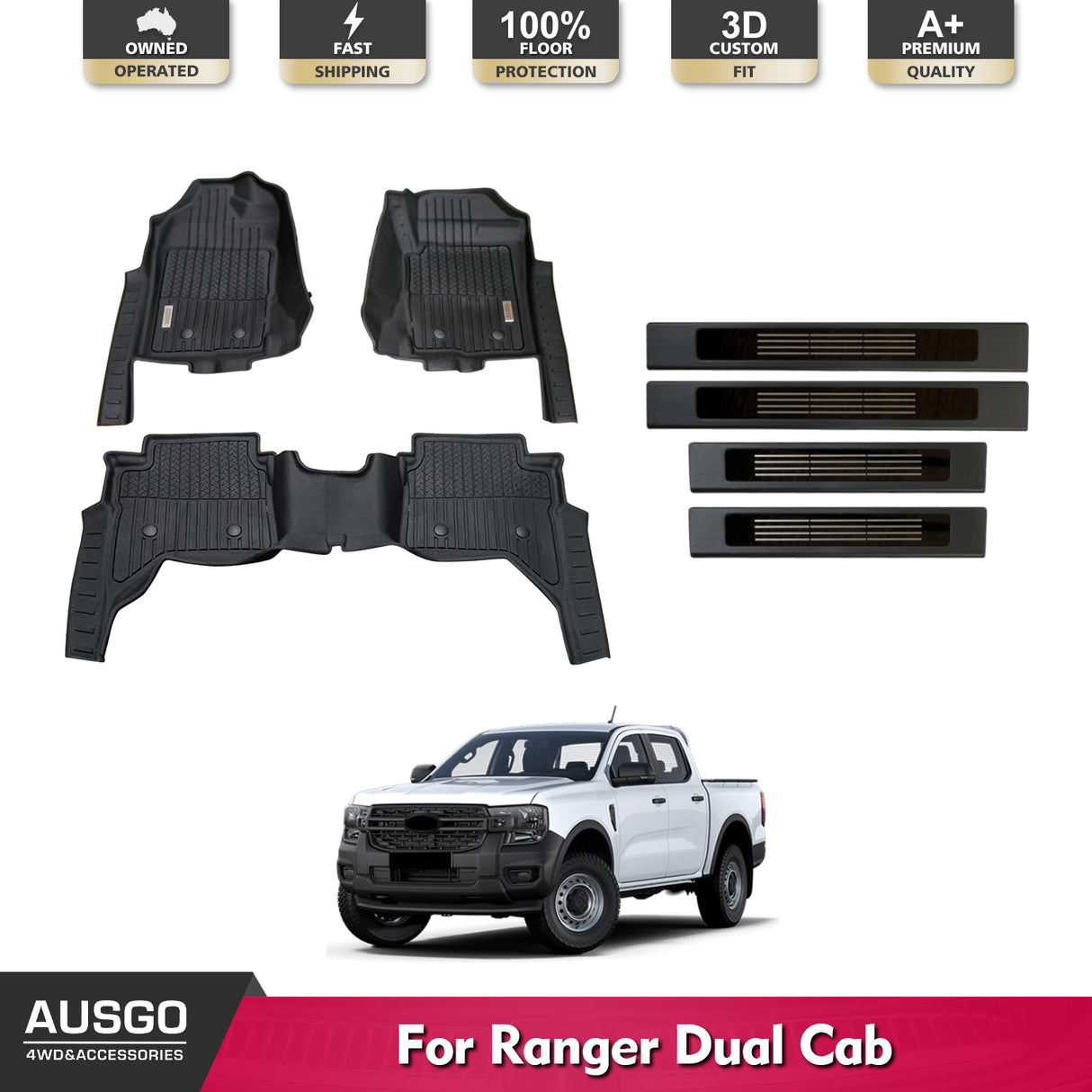 5D Injection Floor Mats + Black Door Sill Protector for Ford Ranger Dual Cab Next-Gen 2022-Onwards